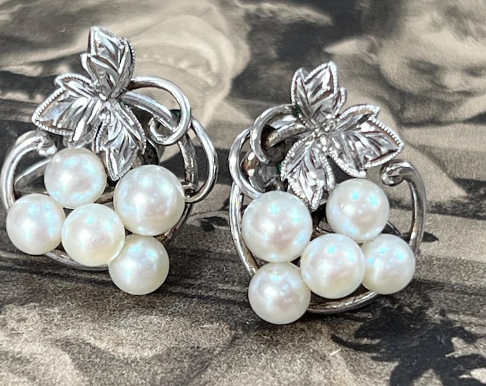 Mikimoto Pearl Earrings, Silver Screw-Backs, Vintage Clam Shell Mark