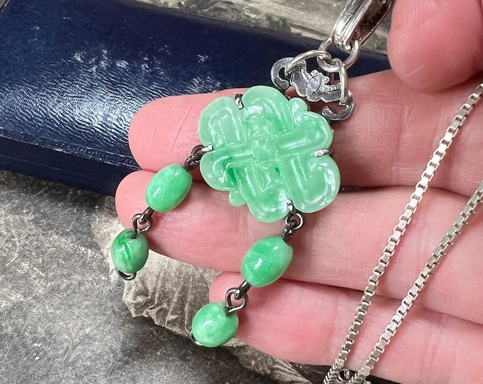 Large Jade Pendant silver set with Sterling Silver box chain. Antique Qing dynasty