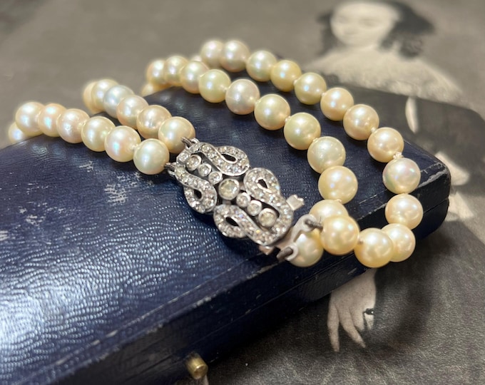 Antique 1930s Pearl Bracelet | Double Strand Cultured Pearls | Sterling Silver Paste Clasp | Wedding Jewellery