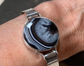 Vintage Ralph Weston Sterling Silver Agate Bangle: 1977 Sheffield Hallmark