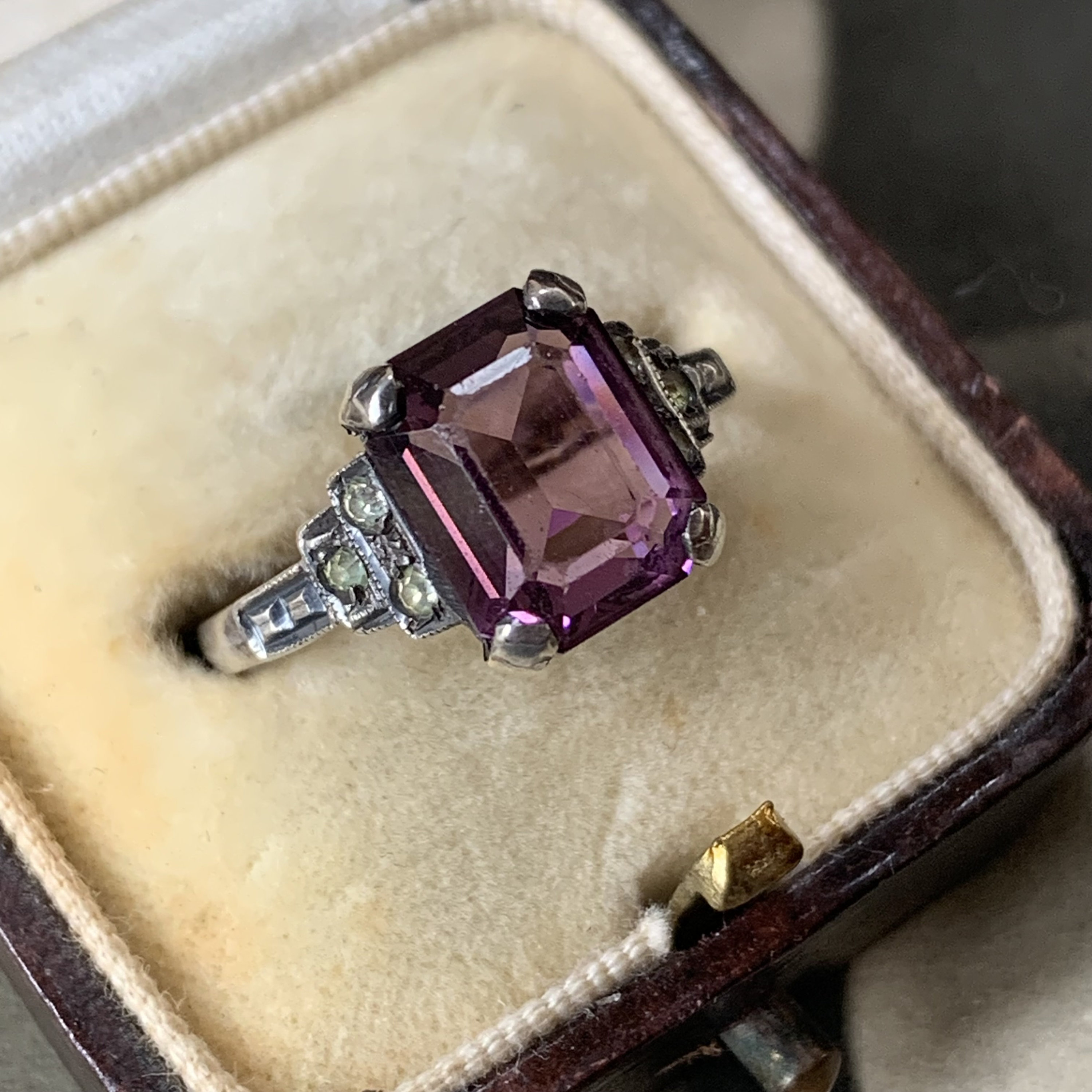 9Ct Gold & Silver Art Deco Ring Set With Paste Emerald Cut Amethyst Diamond Stones. An Exquisite From The Art Deco Era