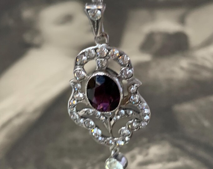 Edwardian Amethyst Paste Pendant, 800 Silver Antique Diamond Paste Necklace