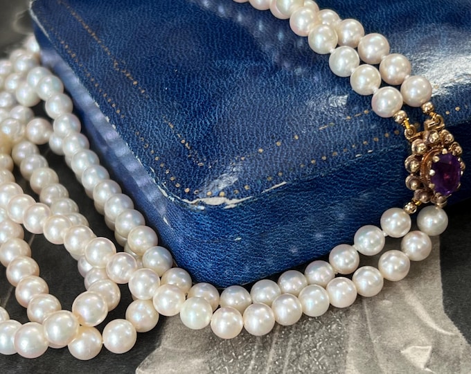 Vintage Double Strand Akoya Pearl Necklace with 9ct Gold Amethyst Clasp