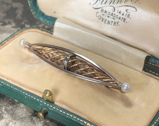 Edwardian Platinum Rose Gold Brooch: Pearl Accent, Antique Box