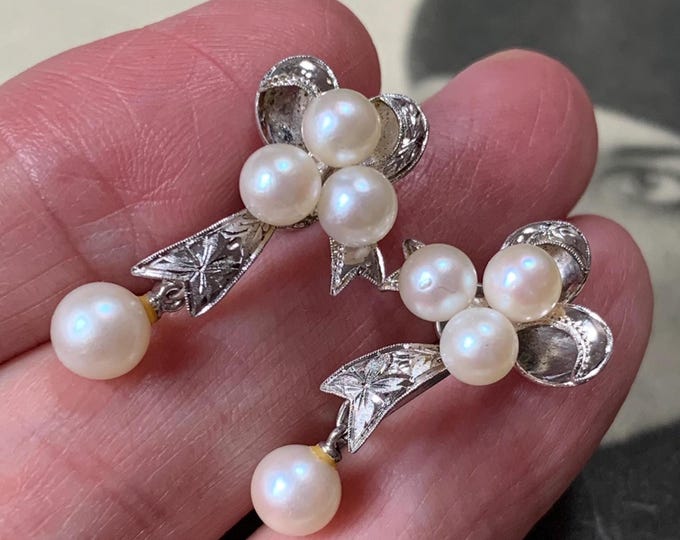 Maison Birks pendant drop screw back earrings. 1950s Sterling silver with 4-6mm Akoya pearls. Makers stamp. 5.8 grams total