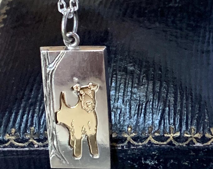 Nina Breddal Finland Miniature Schnauzer dog Pendant with 20" Silver Chain, Vintage Scandi Gold Gilt Dog Necklace