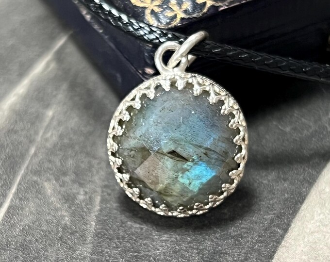 Labradorite Pendant Necklace | Sterling Silver Checker Cut | Iridescent Natural Gemstone | 18" Corded Necklace & Charm