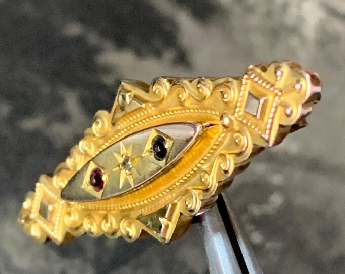 Victorian 9ct gold Brooch with Sapphire gemstones Etruscan revival style with sapphires and rear glazed locket panel