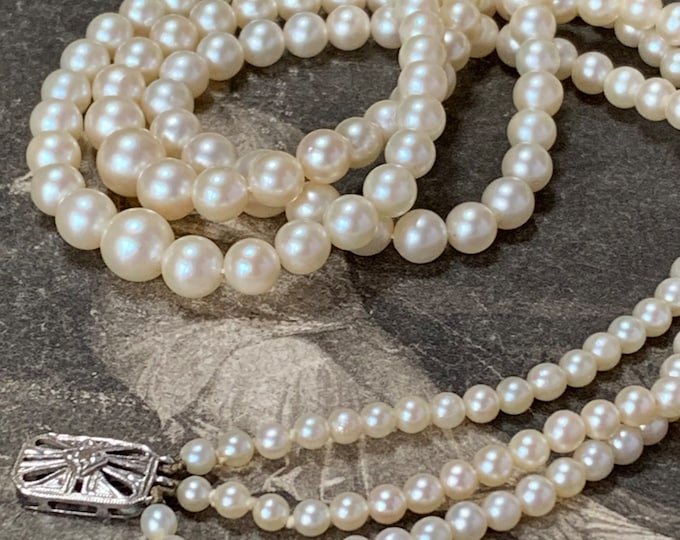 Art Deco Pearl Necklace: Diamond Clasp, 9ct Gold, Triple Strand