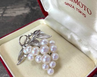 Mikimoto Akoya Pearl Brooch: Silver Floral Spray, 1960s Vintage