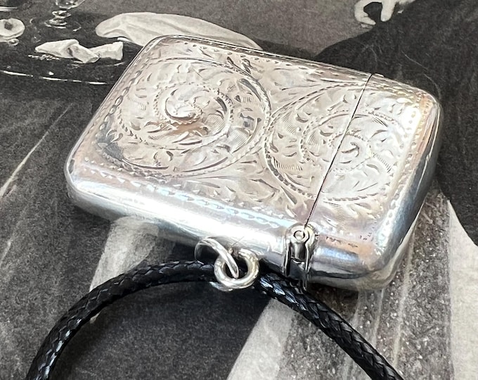 Sterling Silver Vesta Case pendant necklace: 1908 Antique Edwardian hallmark 23 inch strap