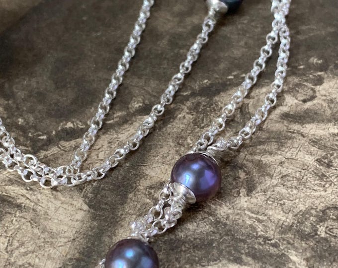 Sterling Silver Belcher Chain and Pearl Necklace. Large Black Baroque Pearls opera length necklace