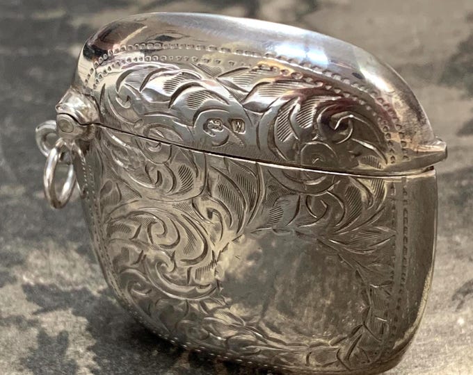 1921 Sterling Silver Floral Locket Pendant: Antique Engraved Vesta Case Necklace