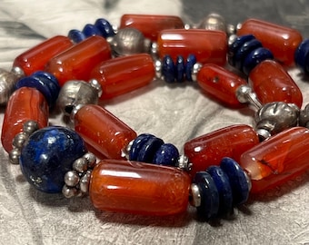 Red Agate and Lapis Lazuli Necklace, Arts and Crafts Natural Gemstone Jewellery