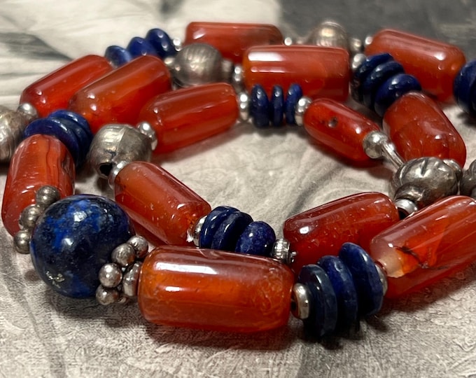 Red Agate and Lapis Lazuli Necklace, Arts and Crafts Natural Gemstone Jewellery