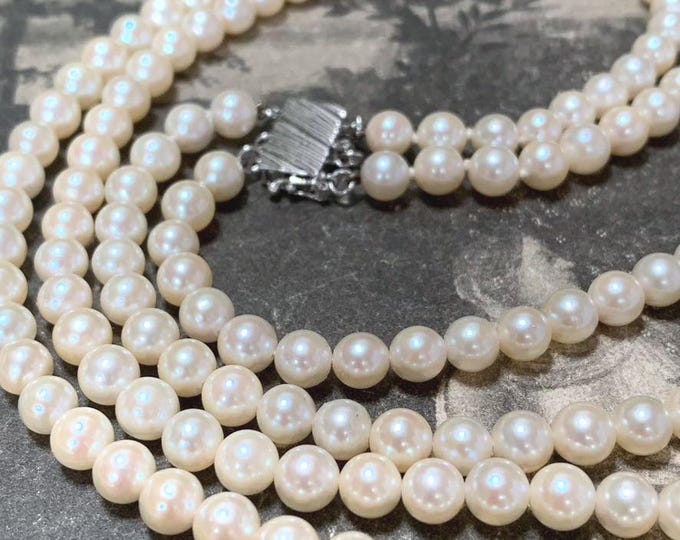 Vintage Akoya Pearl Double Strand Necklace | 14ct White Gold 585 Clasp | 6mm Saltwater Cultured Pearls
