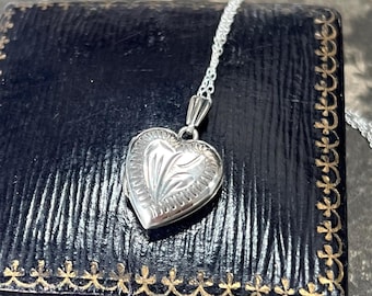 Vintage 1974 Sterling Small Engraved Silver Heart Locket Pendant | Birmingham Hallmark | 18” Recycled Silver Chain | Keepsake Gift Necklace