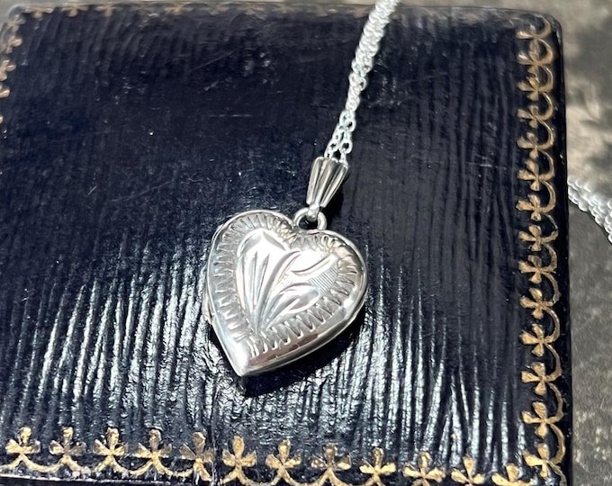 Vintage 1974 Sterling Small Engraved Silver Heart Locket Pendant | Birmingham Hallmark | 18” Recycled Silver Chain | Keepsake Gift Necklace