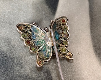 Butterfly antique Pin. Silver Butterfly Brooch: Fine Filigree enameled metalwork