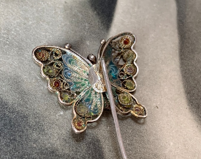 Butterfly antique Pin. Silver Butterfly Brooch: Fine Filigree enameled metalwork