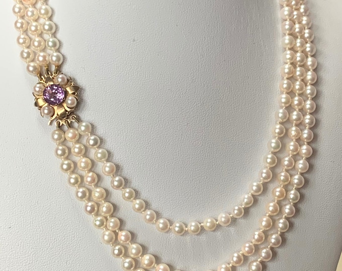 Triple strand Akoya Pearl Necklace: 9ct Gold Amethyst Clasp, Vintage hallmarks for London 1988