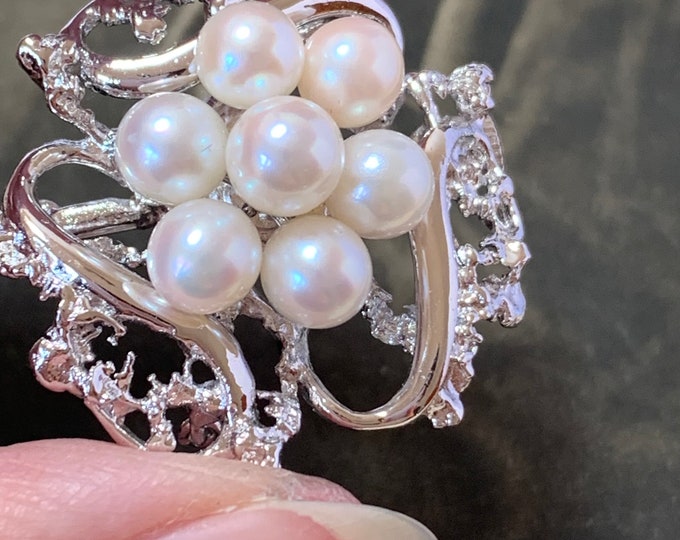 Vintage Pearl Brooch, 1980s Sterling Silver Flower Brooch
