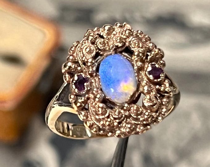 Antique Opal Ruby Ring | 12ct Yellow Gold Georgian Cluster Gemstone Size F
