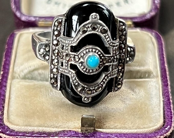 Art Deco Style Silver 925 Onyx Marcasite Cocktail Ring set with Turquoise Cabochon size O UK, 7 US