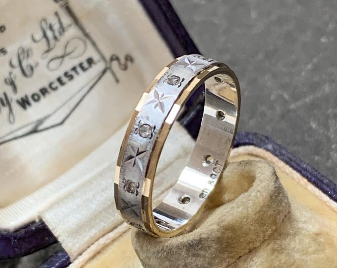Retro 9ct Gold Wedding Band Silver set with spinels and engraved with diamond cur stars, promise ring size O.5, size 7 US