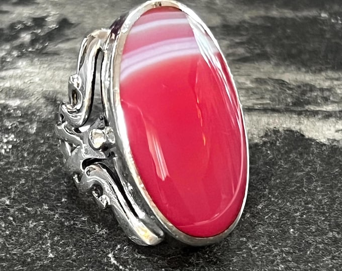 2002 David Scott Walker Sterling Silver Pink Agate Ring Vintage 925 Sheffield Hallmark Large Oval Cabochon Size O UK