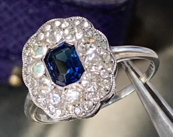 Edwardian Paste Sapphire & Diamond Ring, Antique Sterling Silver, Size 6.5
