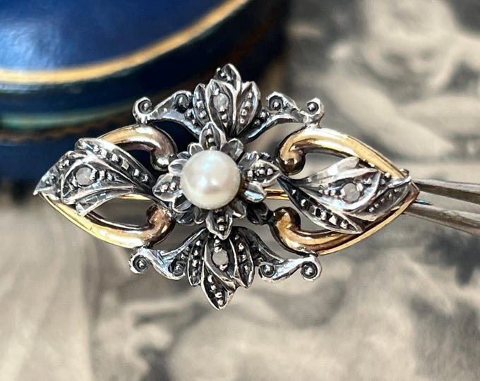 Antique Pearl Mine Cut Diamond Dress Pin, 18ct Gold Silver Rococo Brooch
