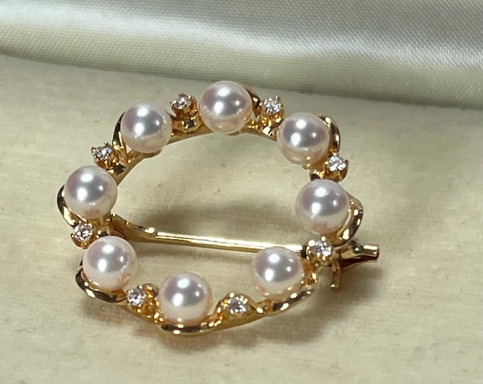 Mikimoto 18ct Gold Akoya Pearl Diamond Brooch – Vintage Japanese Pearl Jewelry
