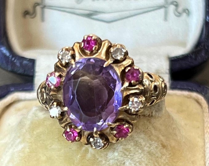18ct Gold Amethyst Ring, Victorian Etruscan Revival Cluster Ring
