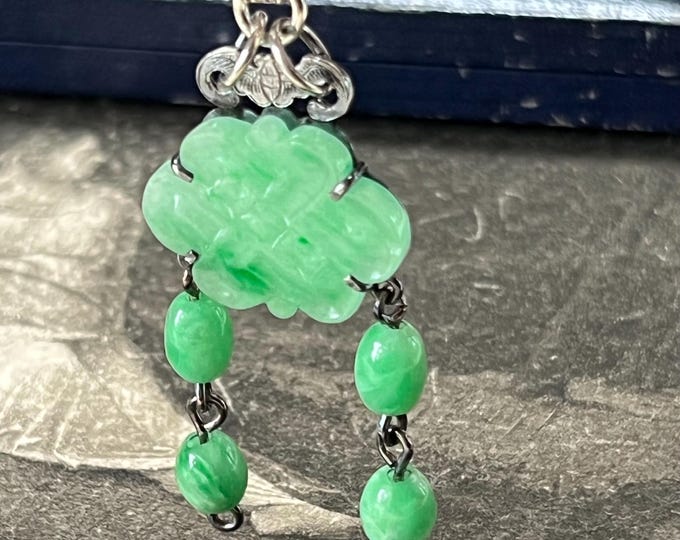 Antique Jade Lavalier Pendant, Vintage Green Jade 925 Silver Necklace