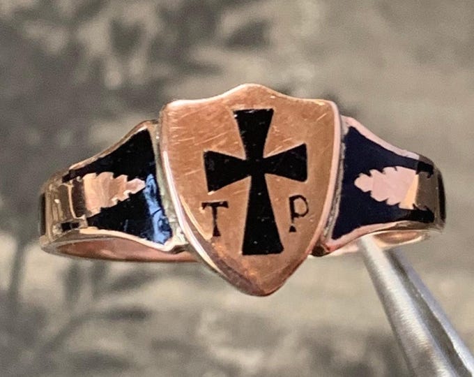 Antique 9ct Rose Gold Enamel Signet Ring: Gothic Victorian Style, Size 8