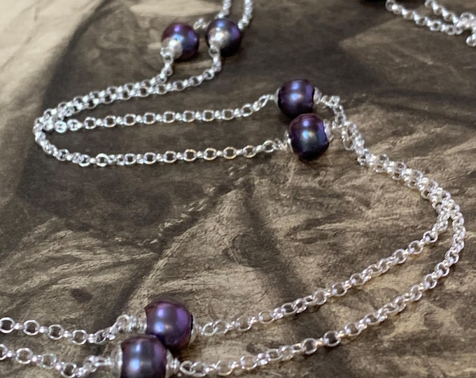 Sterling Silver Belcher Chain Necklace, Black Baroque Pearls (36 inch)