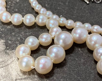 Vintage Graduated Pearl Necklace, Large 8.4 central natural pearl. Diamond Clasp in 9ct Gold, 40cm