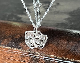 Vintage Comedy Tragedy Mask Pendant • Recycled Sterling Silver Necklace