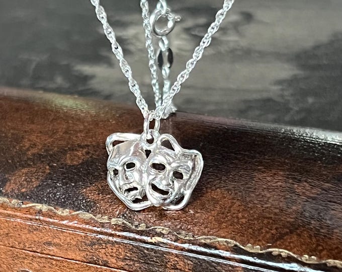 Vintage Comedy Tragedy Mask Pendant • Recycled Sterling Silver Necklace
