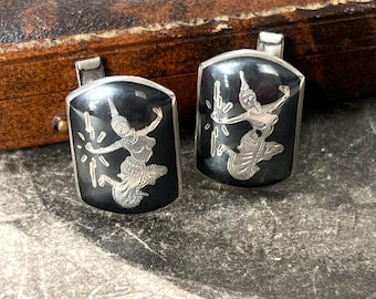 Siam Niello Silver Cufflinks | Thai Dancing Lady cufflinls in Sterling 925 Silver