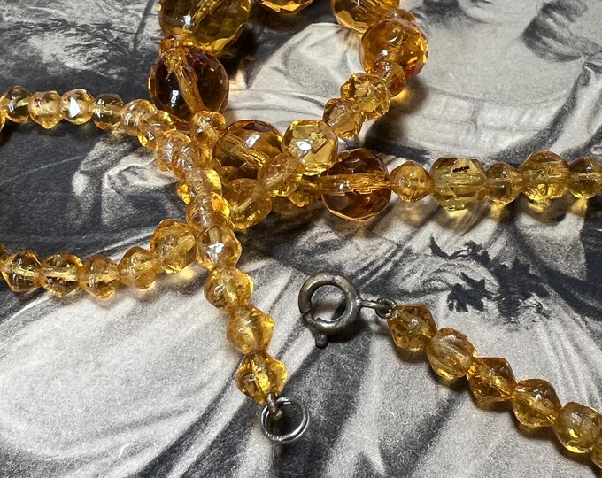 Art Deco Citrine Glass Necklace: Bohemian Graduated Faceted Beads, 1930s