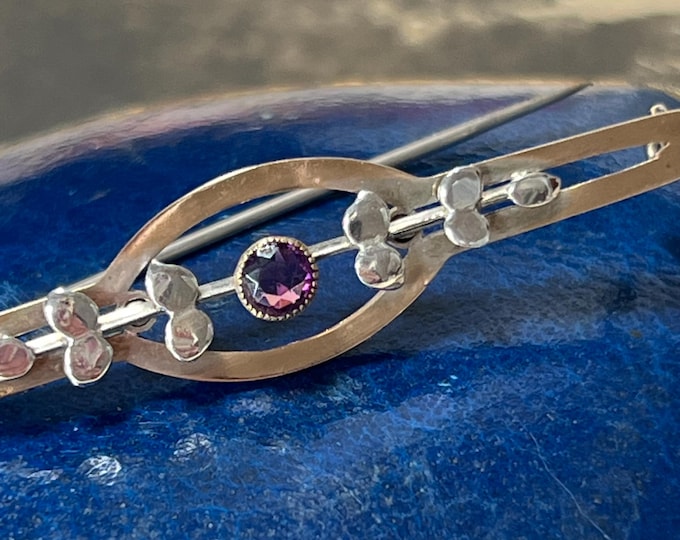 Art Deco Garnet Brooch | 9ct Gold Silver Floral Pin c.1910–1935