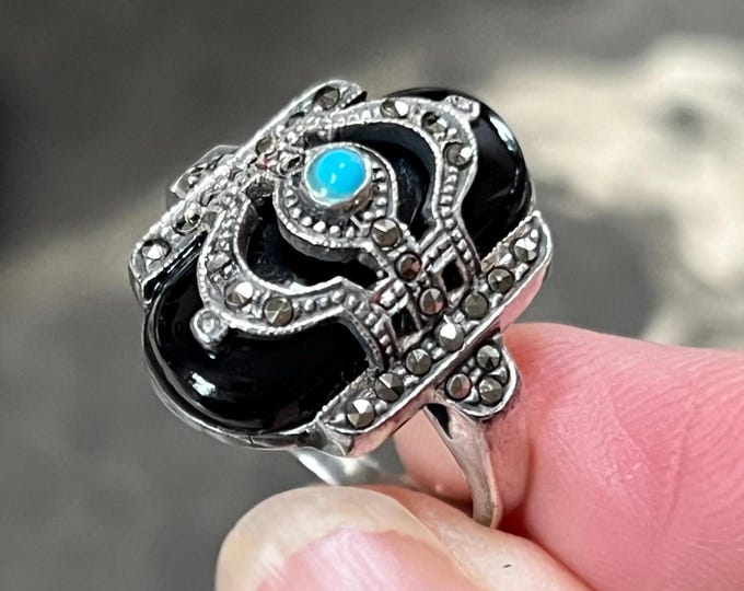Sterling Silver Marcasite & Turquoise Cocktail Ring
