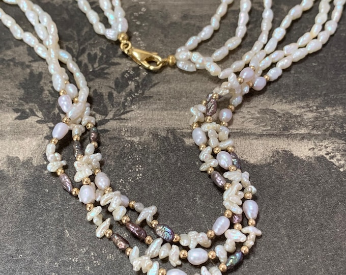 Necklace 14ct yellow gold clasp and gold beads with white and grey pearls. Princess Length 44cm