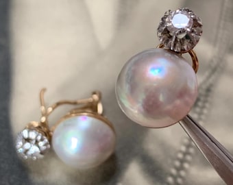 18ct Gold Mabe Pearl and White Topaz Earrings Vintage Circa 1950s with Omega Ear Fittings
