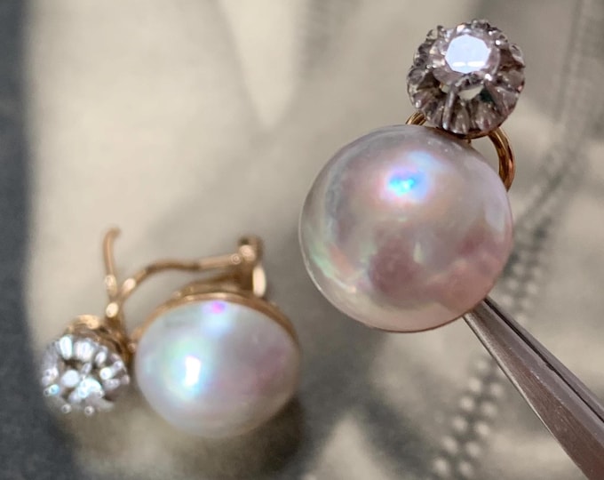 18ct Gold Mabe Pearl and White Topaz Earrings Vintage Circa 1950s with Omega Ear Fittings