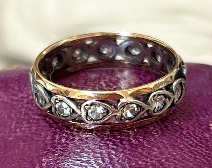 Vintage 9ct Gold Silver Eternity Ring | White Spinel Heart Bezel Band c.1970s