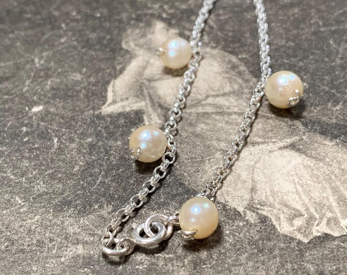 Recycled Sterling Silver Pearl Bracelet, Cultured Pearl Charm, Sustainable Bridal Jewellery, 7.5 Inch