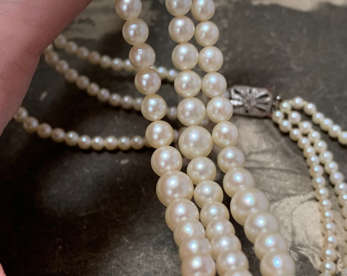 Art Deco Pearl Necklace: Diamond Clasp, 9ct Gold, Triple Strand